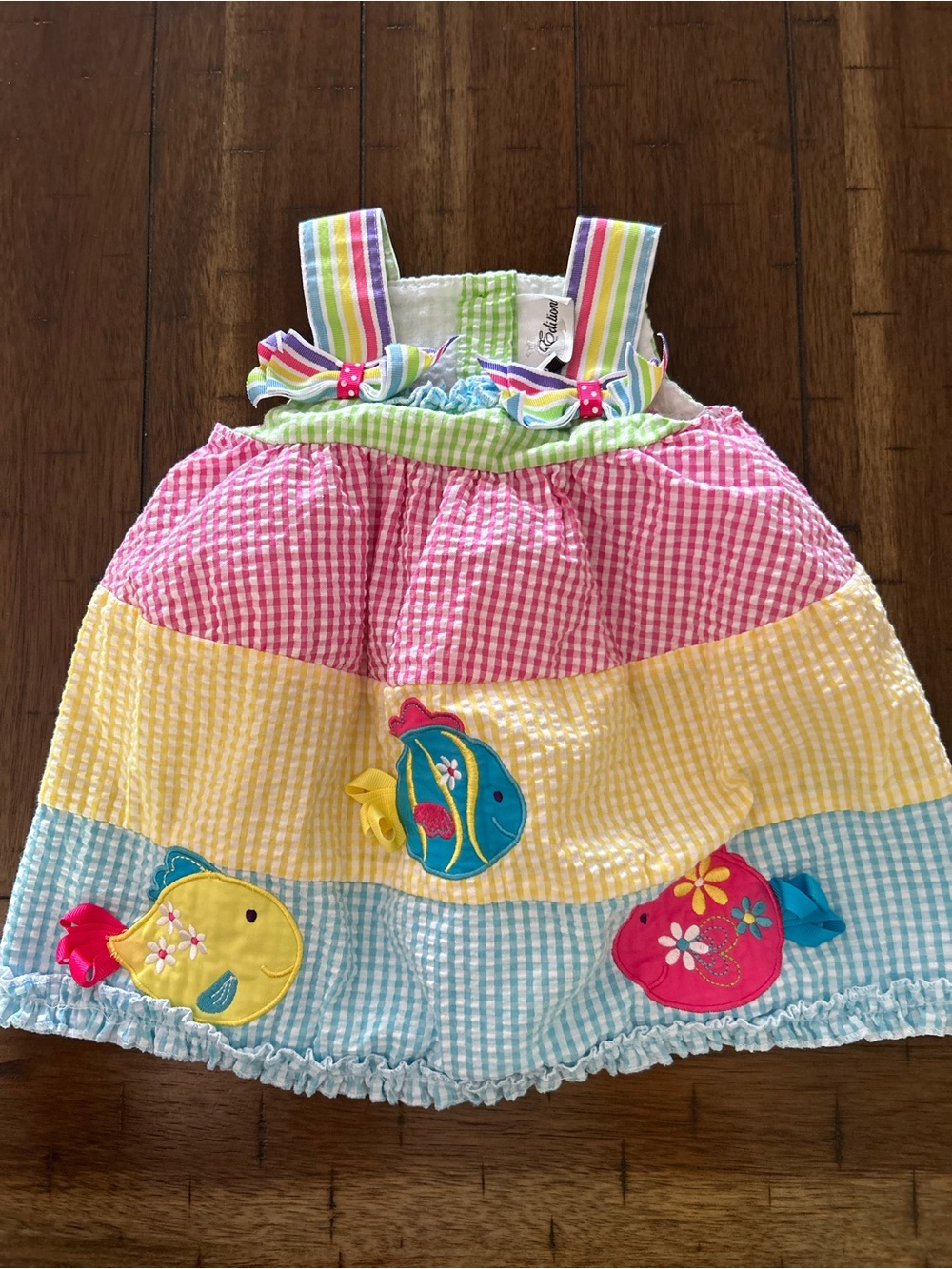 Rare Editions 12M Rainbow Gingham Seersucker Fish Appliqué Dress